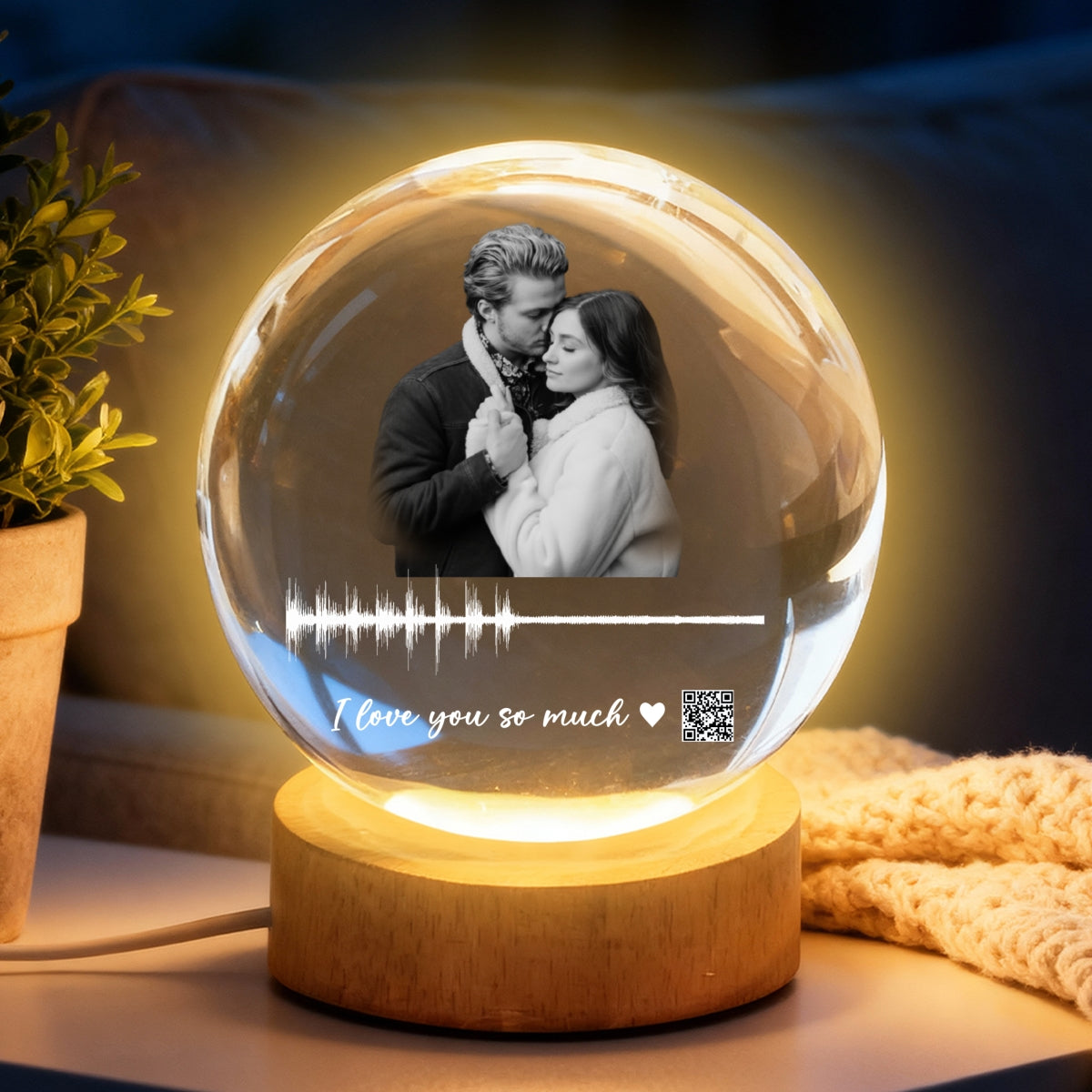 Custom Soundwave Art with QR Code - Personalized Crystal Ball LED Night Light - Heartfelt Anniversary Gift for Her, for Him