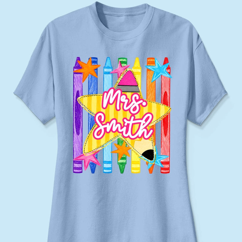 Striped Custom Teacher Name Pencil Crayons - Personalized Shirt - Back To School Gift for Teachers