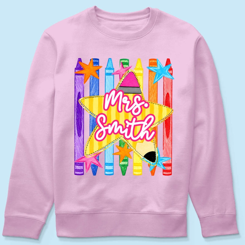 Striped Custom Teacher Name Pencil Crayons - Personalized Shirt - Back To School Gift for Teachers