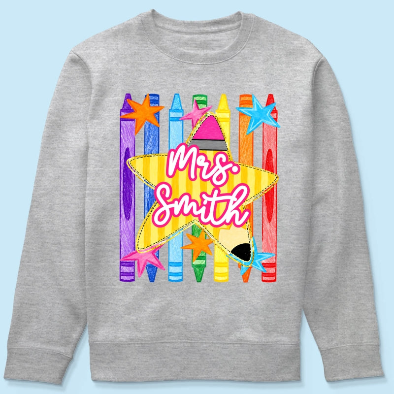 Striped Custom Teacher Name Pencil Crayons - Personalized Shirt - Back To School Gift for Teachers