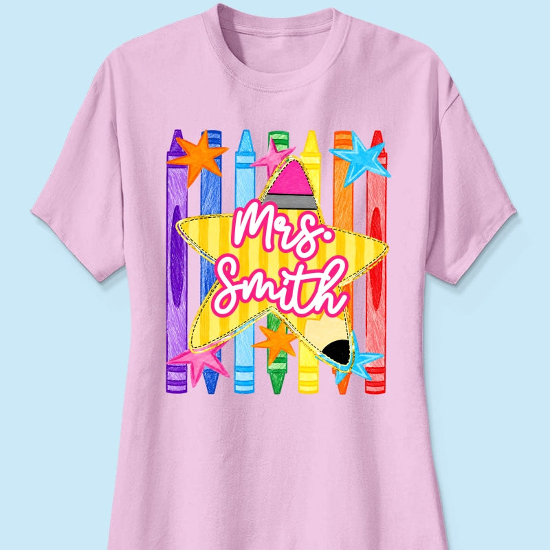 Striped Custom Teacher Name Pencil Crayons - Personalized Shirt - Back To School Gift for Teachers