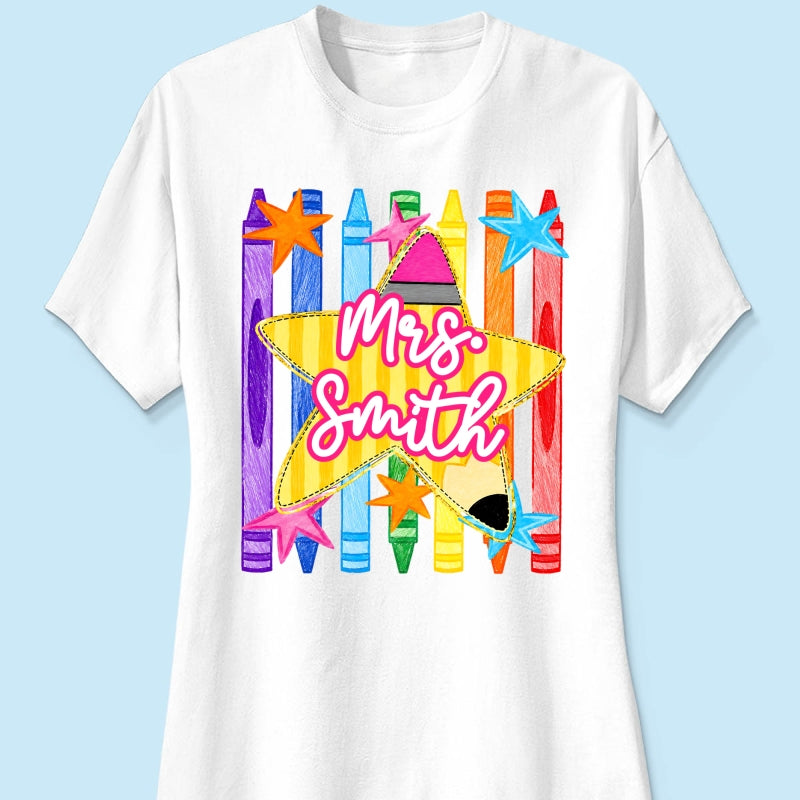 Striped Custom Teacher Name Pencil Crayons - Personalized Shirt - Back To School Gift for Teachers