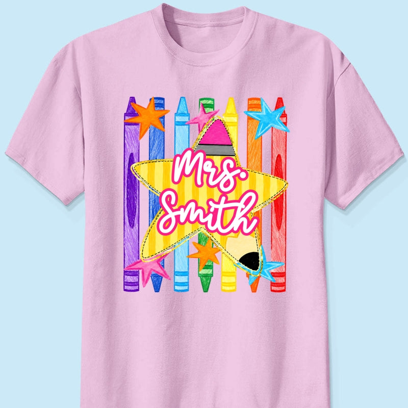 Striped Custom Teacher Name Pencil Crayons - Personalized Shirt - Back To School Gift for Teachers