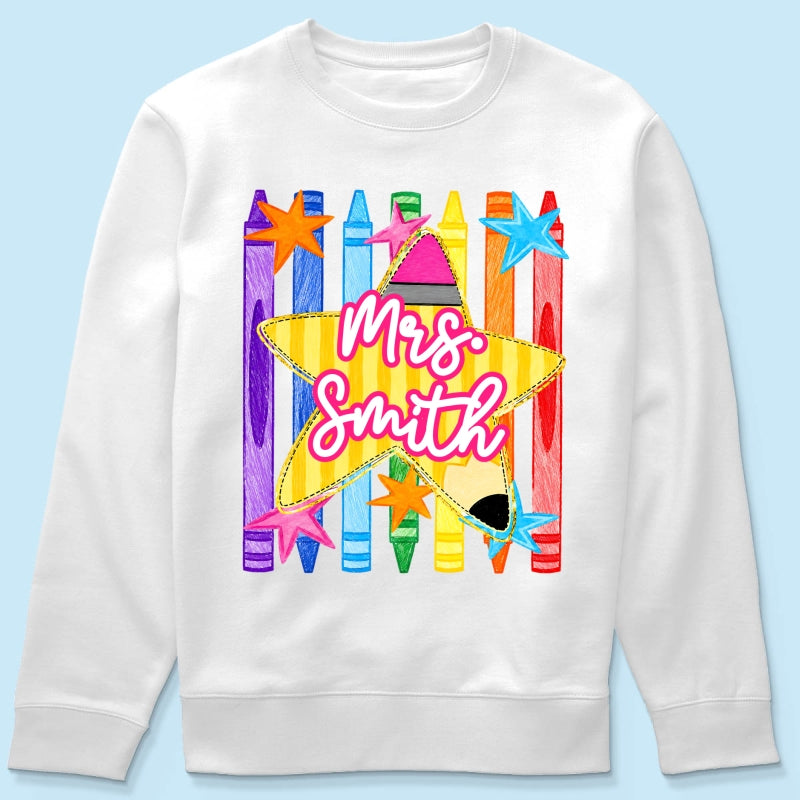 Striped Custom Teacher Name Pencil Crayons - Personalized Shirt - Back To School Gift for Teachers