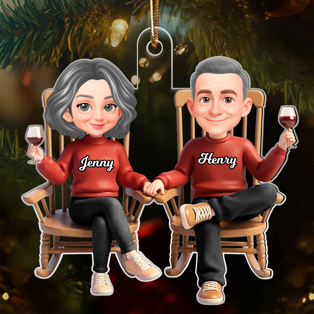 His and Hers Cartoon Couple Sitting on Rocking Chair - Personalized Acrylic Ornament - Christmas Gift for him, Gift for her