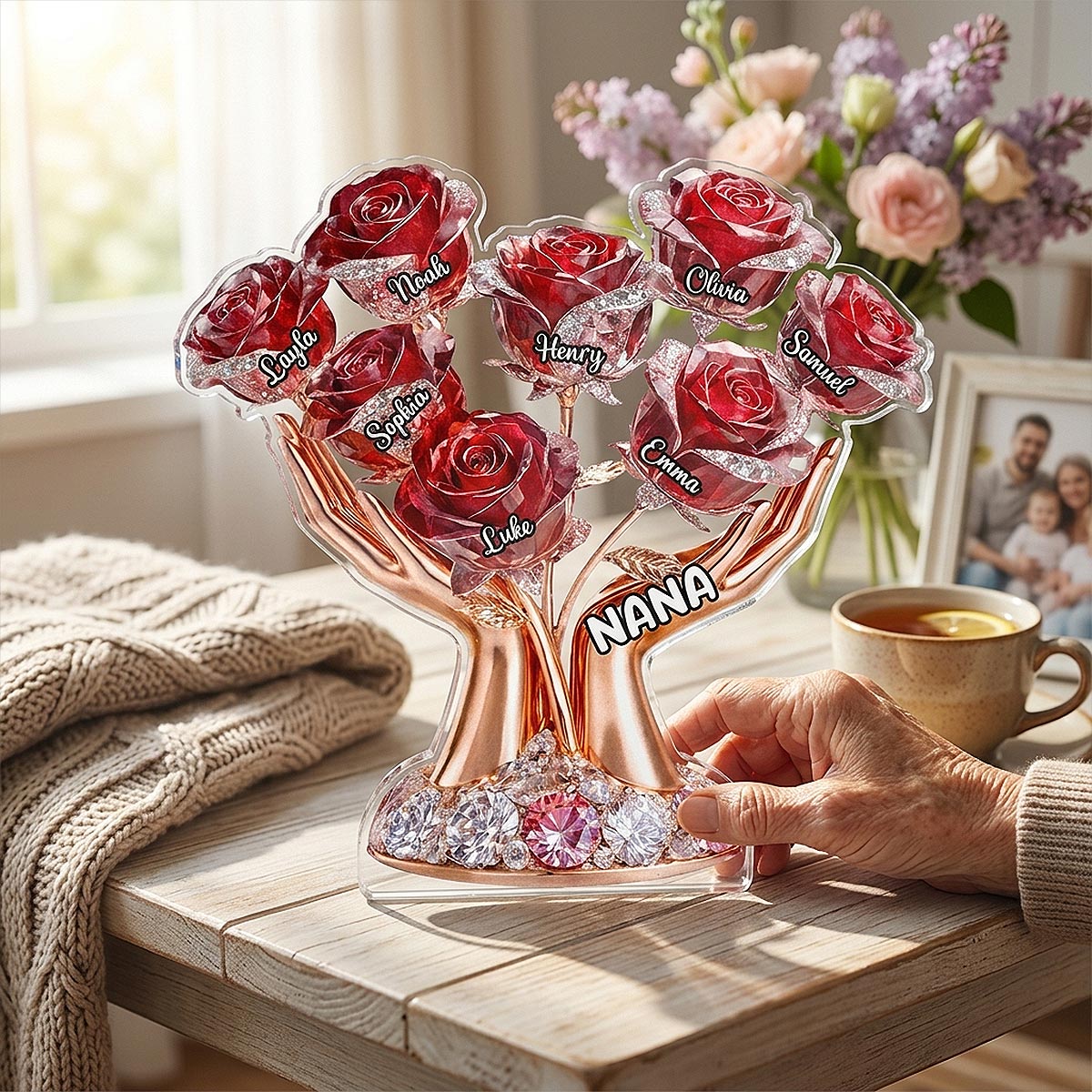 Grandma Hands Roses - Personalized Acrylic Block Plaque - Mother's Day Gift For Grandma