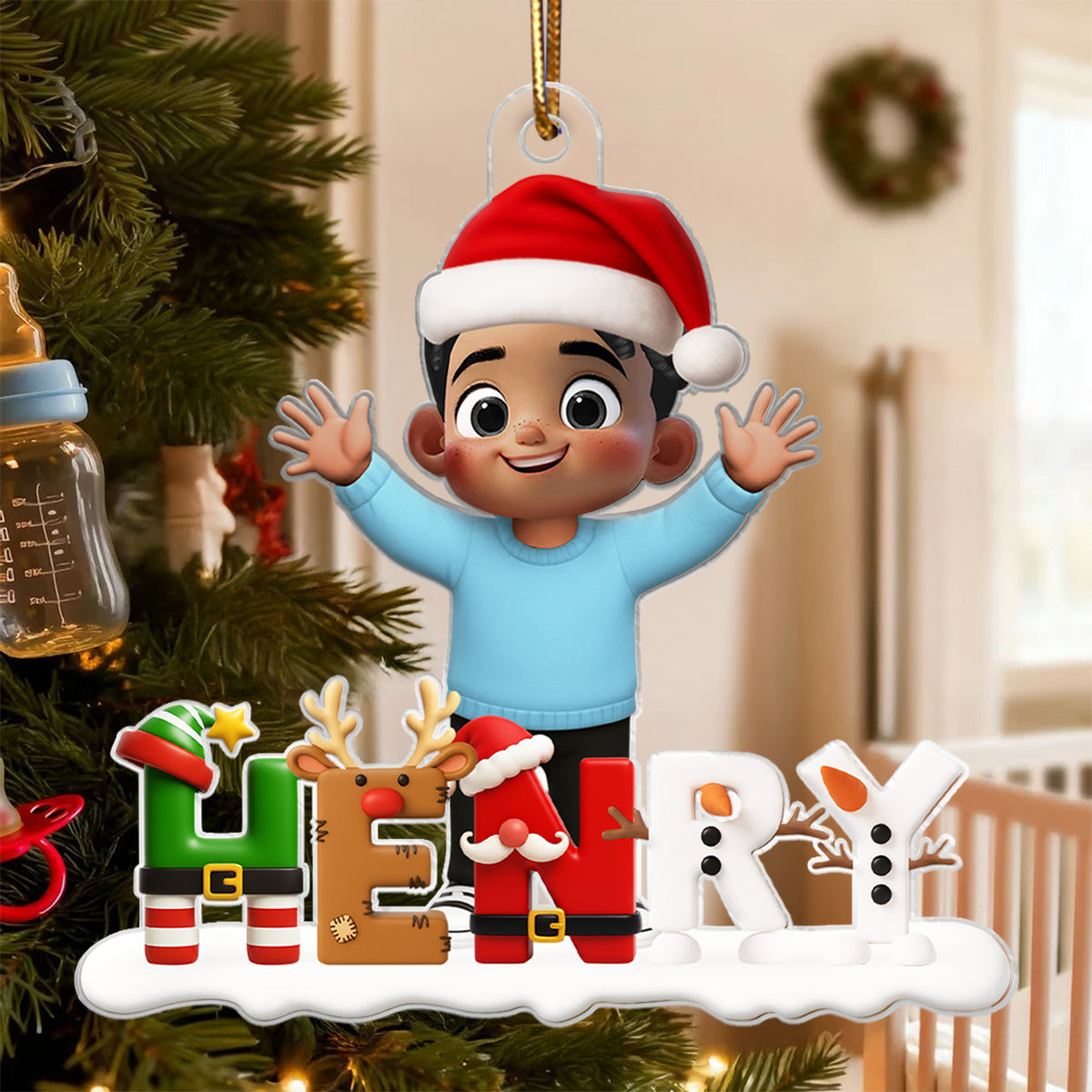 Happy Kid Christmas Iconic Name - Personalized Acrylic Ornament - Christmas Gift for Kid, Grandkids
