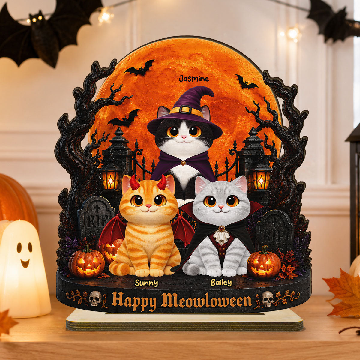 Spooky Halloween Cats Under Moonlight - Personalized 2-Layered Wooden Plaque - Halloween Decor For Cat Lovers