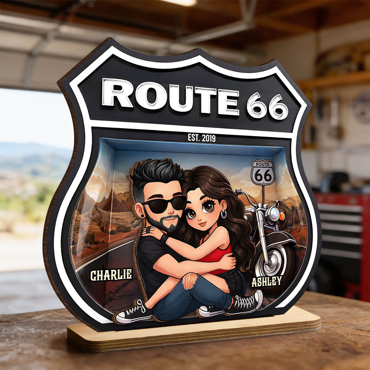 Bikers Couple Route 66 - Personalized 2 Layer Standing Wooden Plaque - Gift for Couple