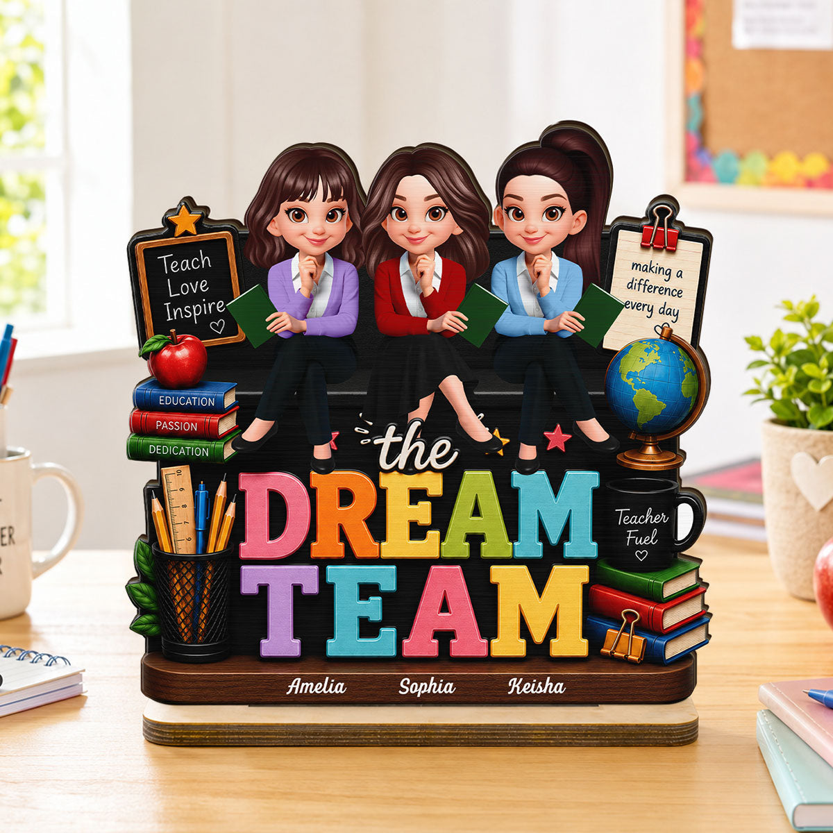 Beautiful Teacher Dream Team - Personalized 2-Layered Wooden Plaque - Back To School Gift For Teacher, Classroom Decor