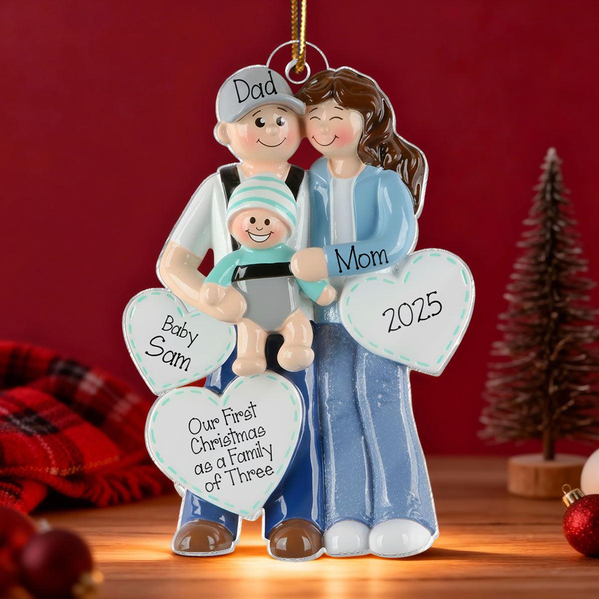 3D Effect First Christmas As Family Of Three Mom Dad & Baby On Carrier - Personalized Acrylic Ornament
