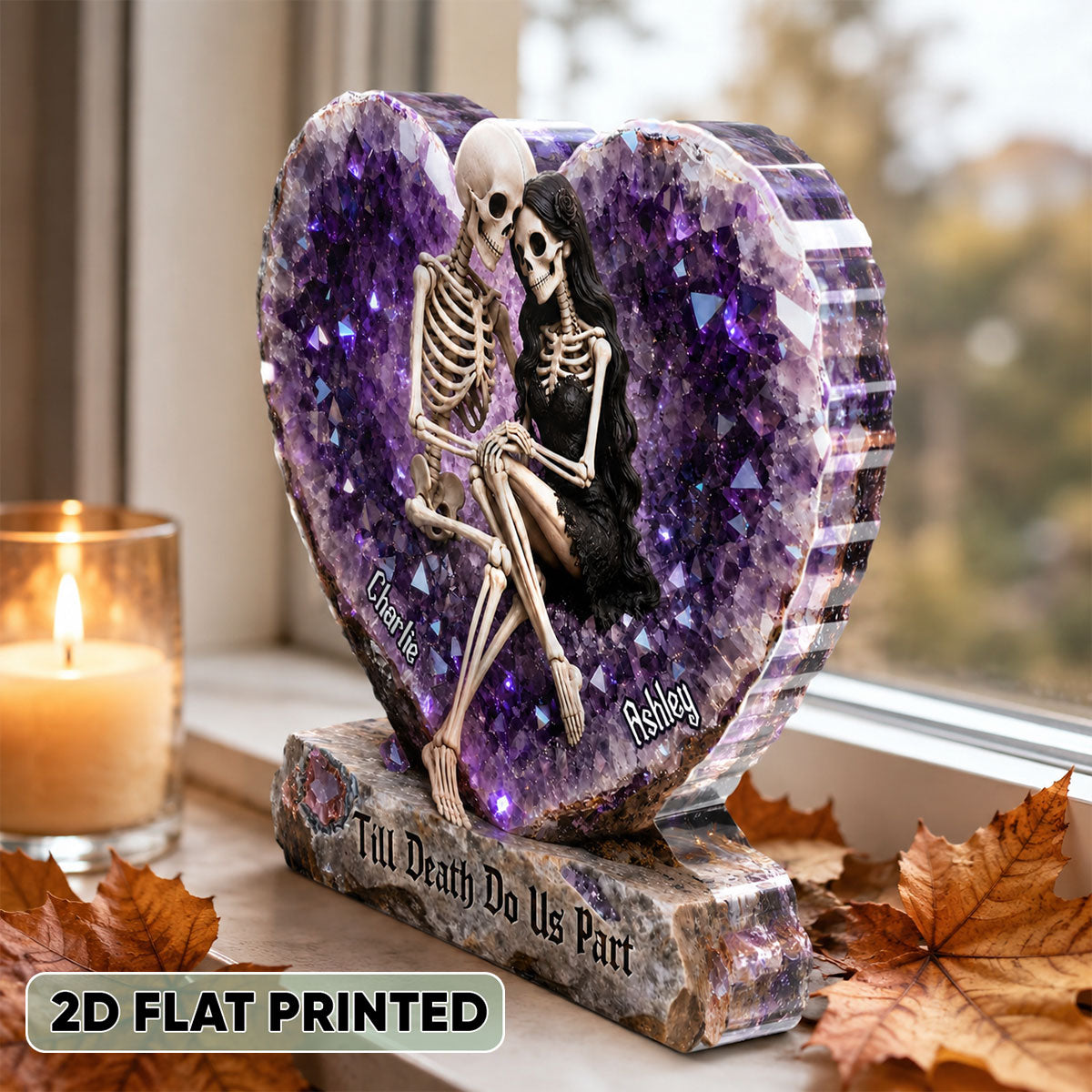 Till Death Do Us Part Skeleton Couple Quartz Heart - Personalized Acrylic Block Plaque - Halloween Decor Gift, Gift For Couple