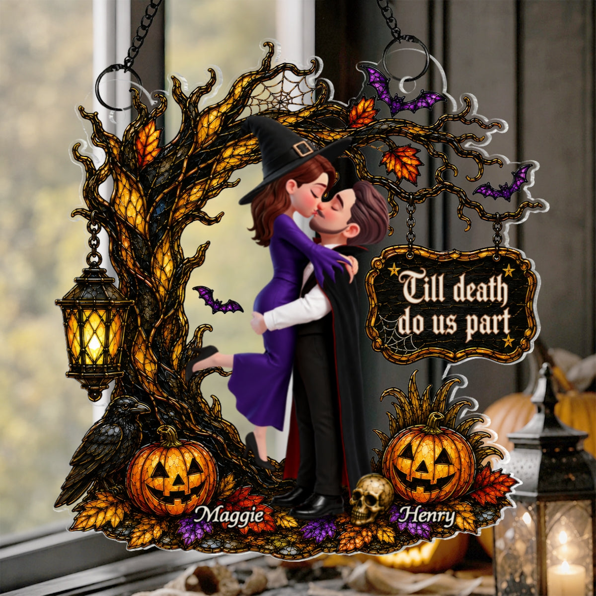 Couple Hugging Under Spooky Halloween Tree 2D Flat - Personalized Acrylic Window Hanger - Halloween Decor For Couple