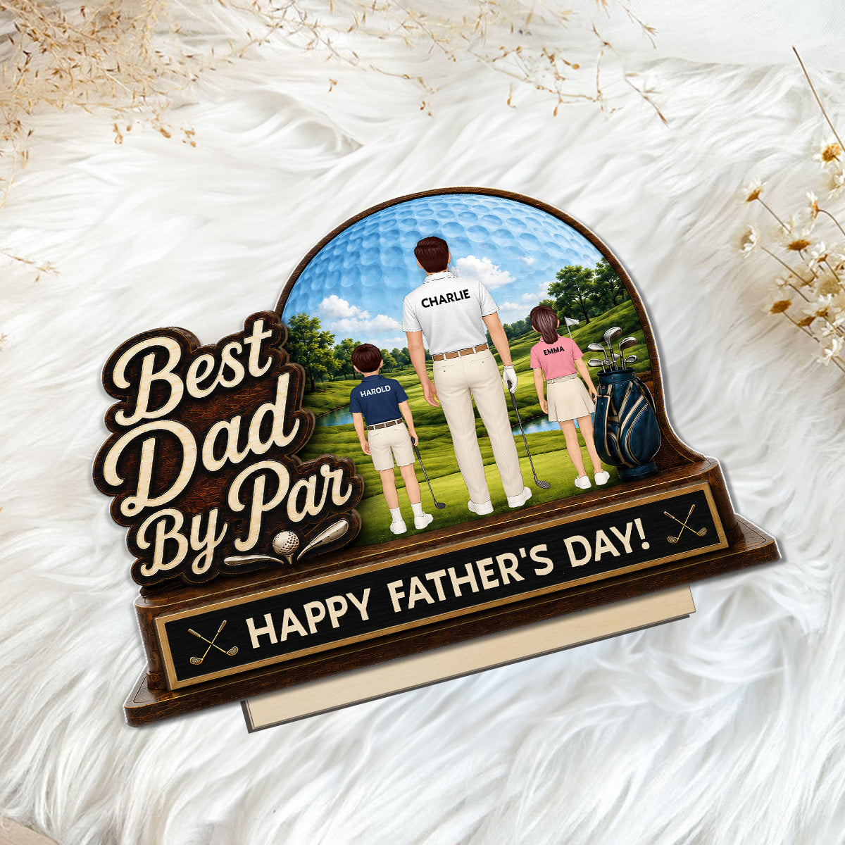 Best Dad By Par Custom Man & Kids Back View - Personalized 2-Layered Wooden Plaque -  Gift For Golf Dad
