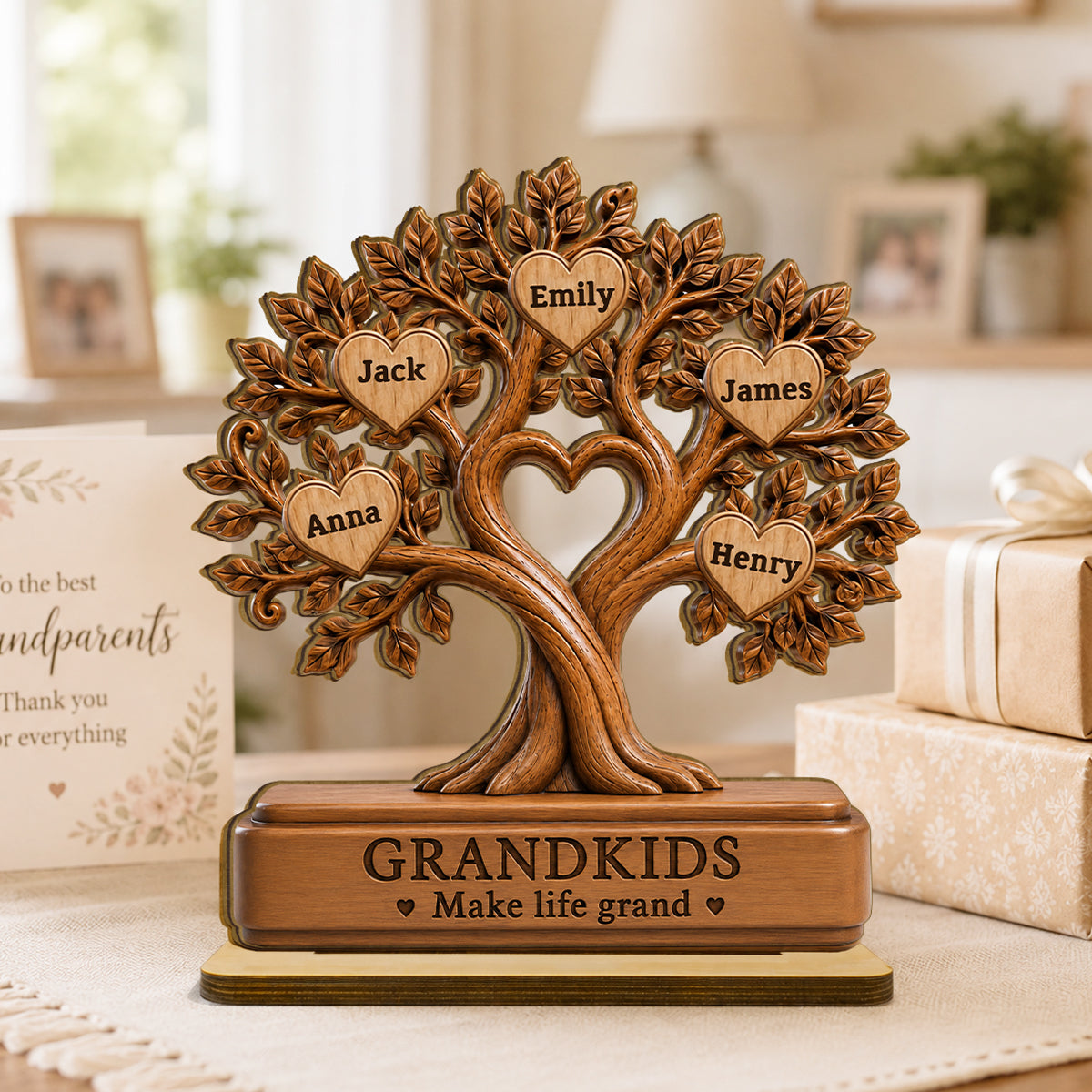 Grandkids Make Life Grand - Personalized 2-Layered Wooden Plaque - Gift for Grandma, Grandpa, Grandparents, Family Keepsake