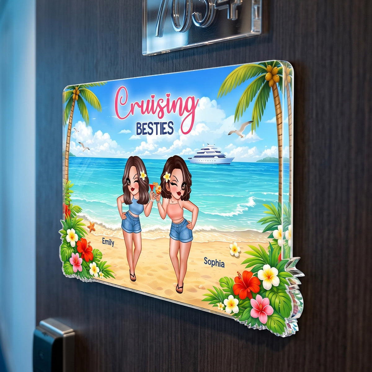 Pretty Cruise Besties On The Beach - Personalized Cruise Cabin Door Magnet - Girls Trip Cruise Trip Keepsake