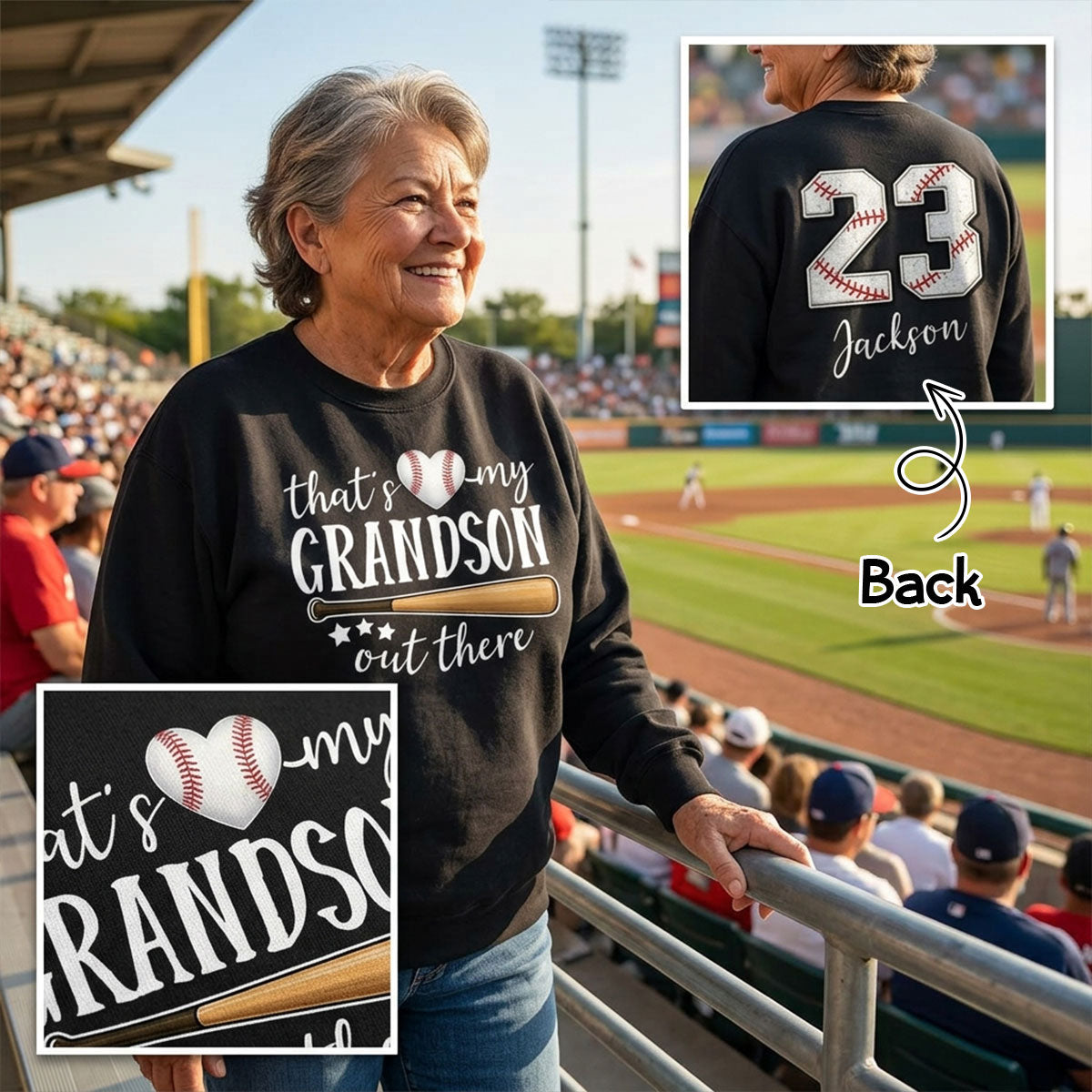That's My Grandson Out There - Personalized Double Sided Sweatshirt - Baseball Softball Grandma Mom