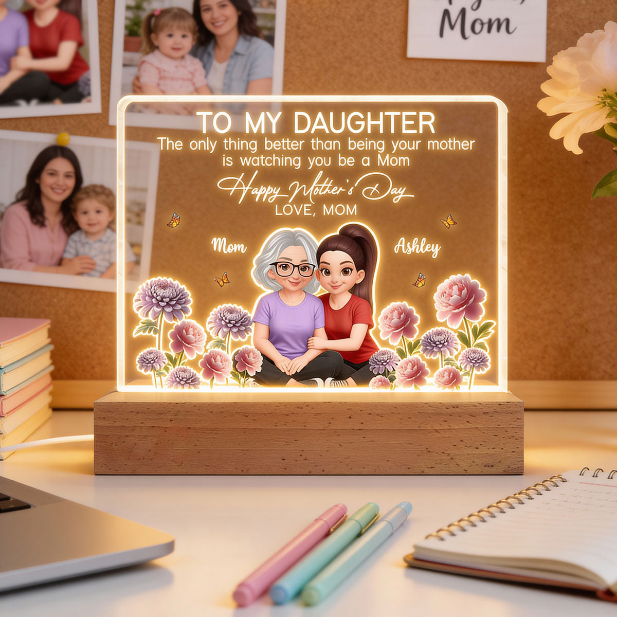 To My Daughter Happy Mother's Day Custom Birth Month Flower - Personalized Acrylic Block LED Plaque - Mother's Day Gift For Daughter