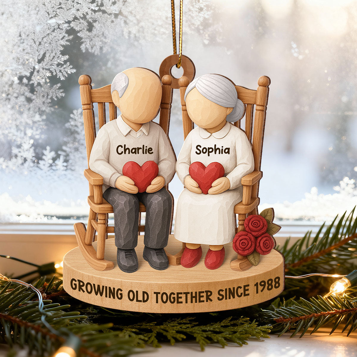 Old Couple Sitting on Chair - Personalized Wooden Ornament - Christmas Gift for him, Gift for her