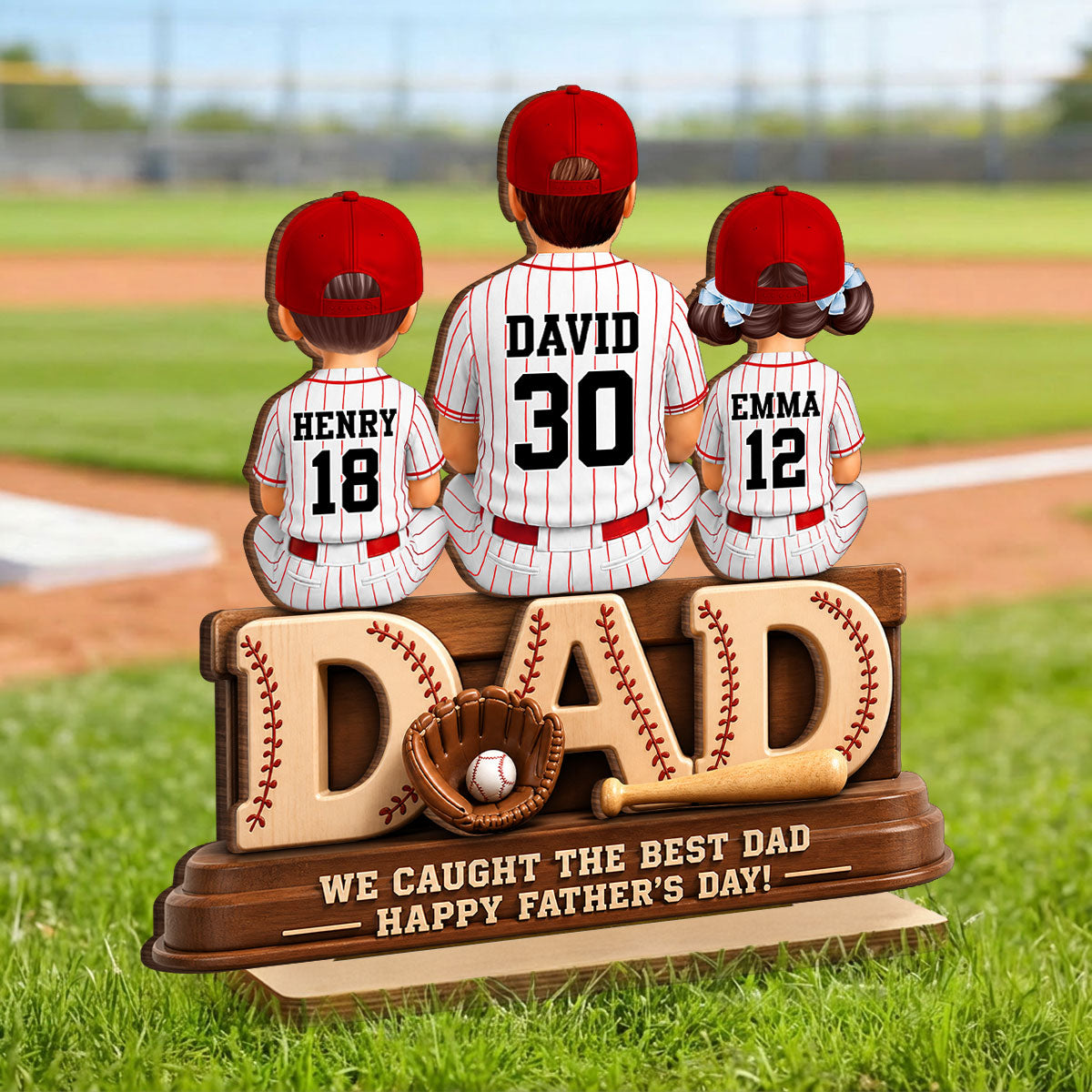 We Caught the Best Baseball Dad, Dad & Kids Back View - Personalized 2-Layered Wooden Plaque -  Gift for Dad, Husband