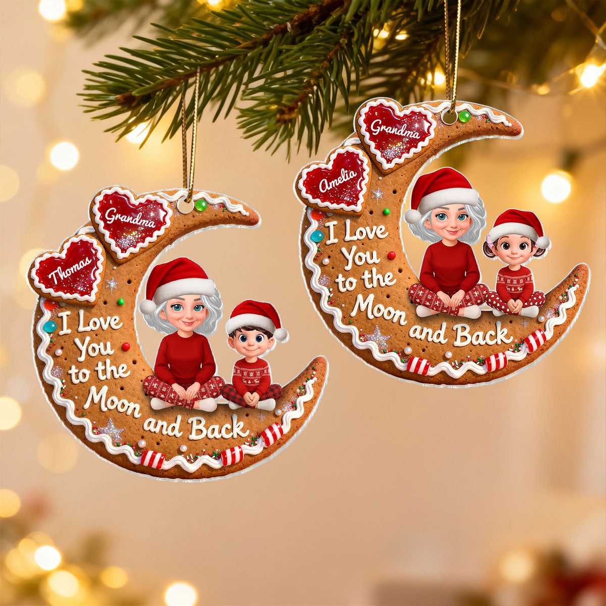 3D Effect Gingerbread Moon Grandma Grandkid Love You To The Moon And Back - Personalized Acrylic Ornament - Christmas Gift For All Grandkids