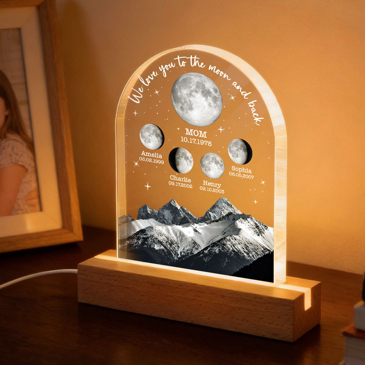 We Love You to the Moon and Back Custom Moon Phase by Date - Personalized Acrylic Block LED Night Light - Gift for Dad, Mom
