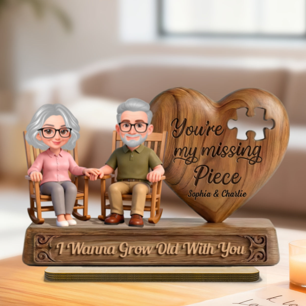 3D Effect Old Couple Sitting On Rocking Chair My Missing Piece - Personalized 2-Layered Wooden Plaque