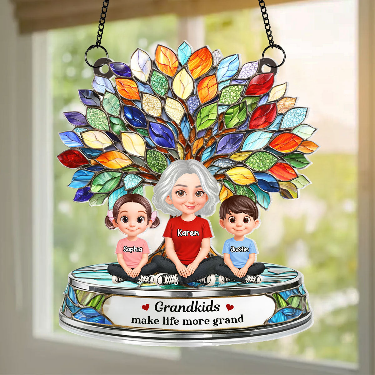 Grandkids Make Life More Grand Family Tree - Personalized Acrylic Suncatcher - Heartfelt Mother's Day Gift for Grandma