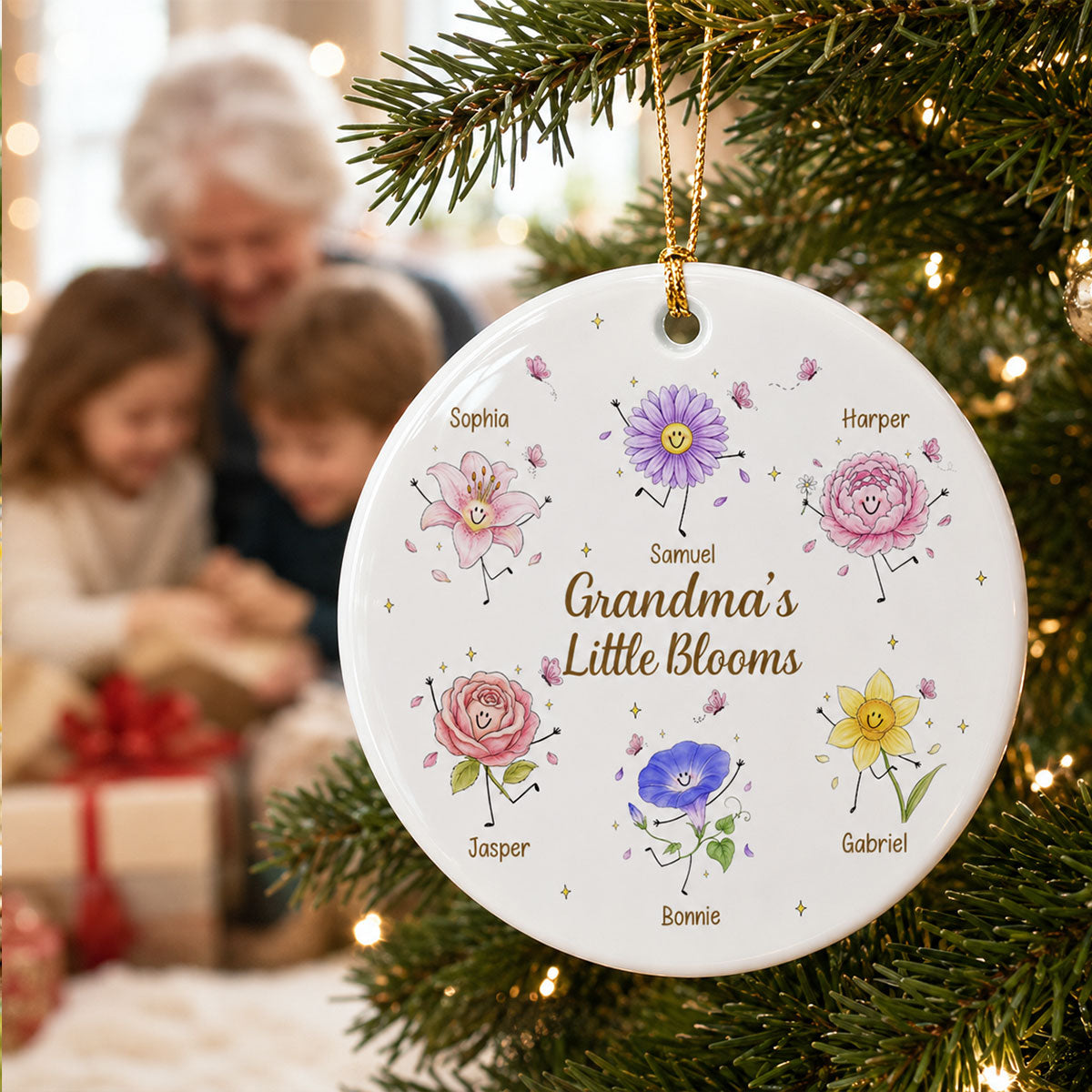Grandma's Little Blooms Cute Doodle Birth Month Flowers - Personalized Ceramic Ornament - Home Decor Gift, Birthday Gift For Grandma
