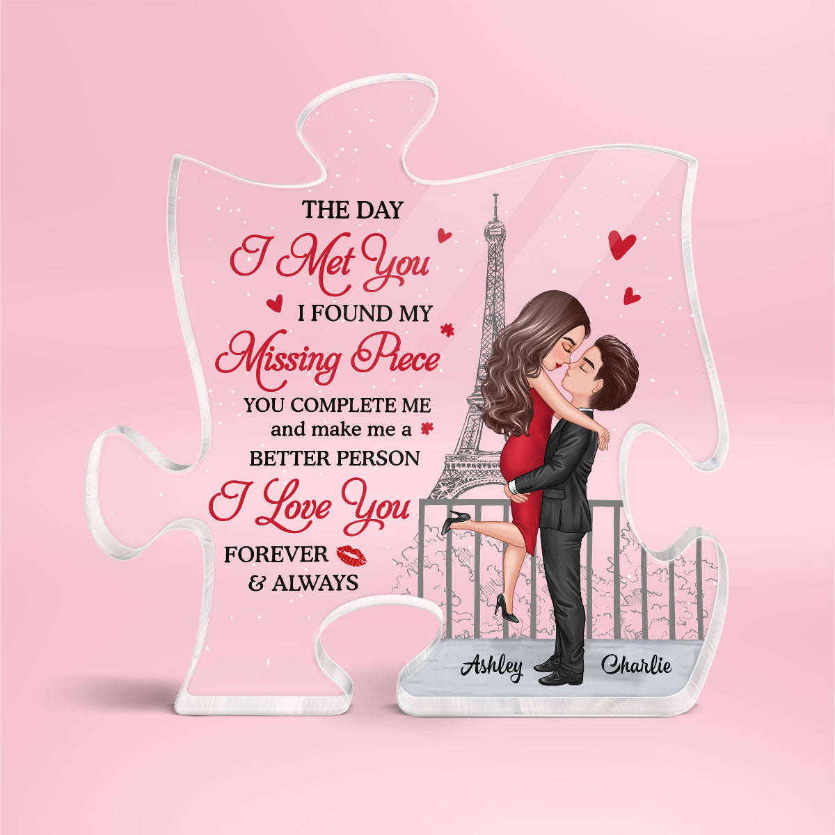 The Day I Met You I Found My Missing Piece, Personalized Couple Puzzle Shaped Acrylic Plaque, Gift For Husband Wife, Anniversary, LGBTQ+
