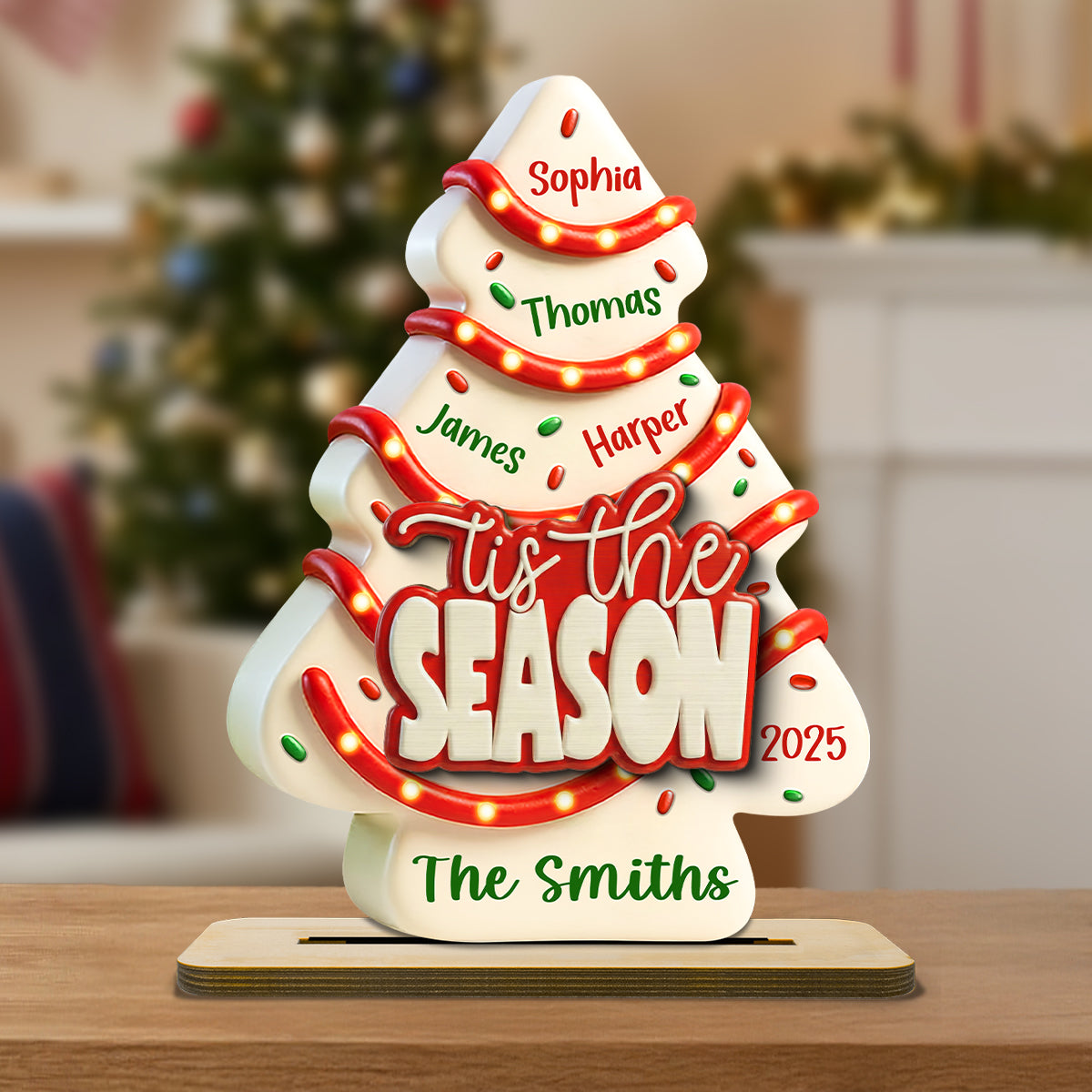 Tis The Season Christmas Tree Cake Family Names - Personalized 2-Layered Wooden Plaque