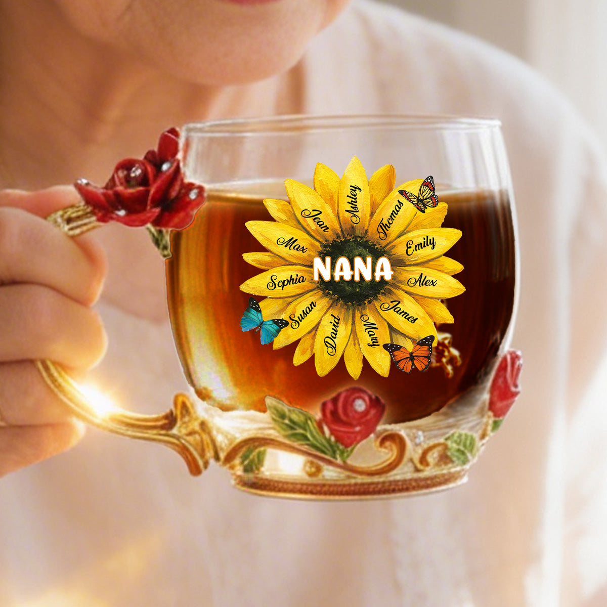 Grandma Sunflower Custom Kids Names - Personalized Enamel Flower Tea Cup - Gift For Grandma, Mom