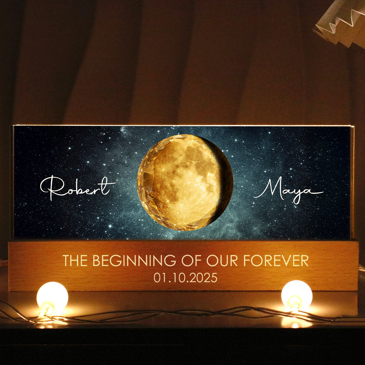 The Beginning of Our Forever Couple Moon Phase - Personalized Acrylic Block LED Night Light - Anniversary, Valentine's Day Gift for her, for him