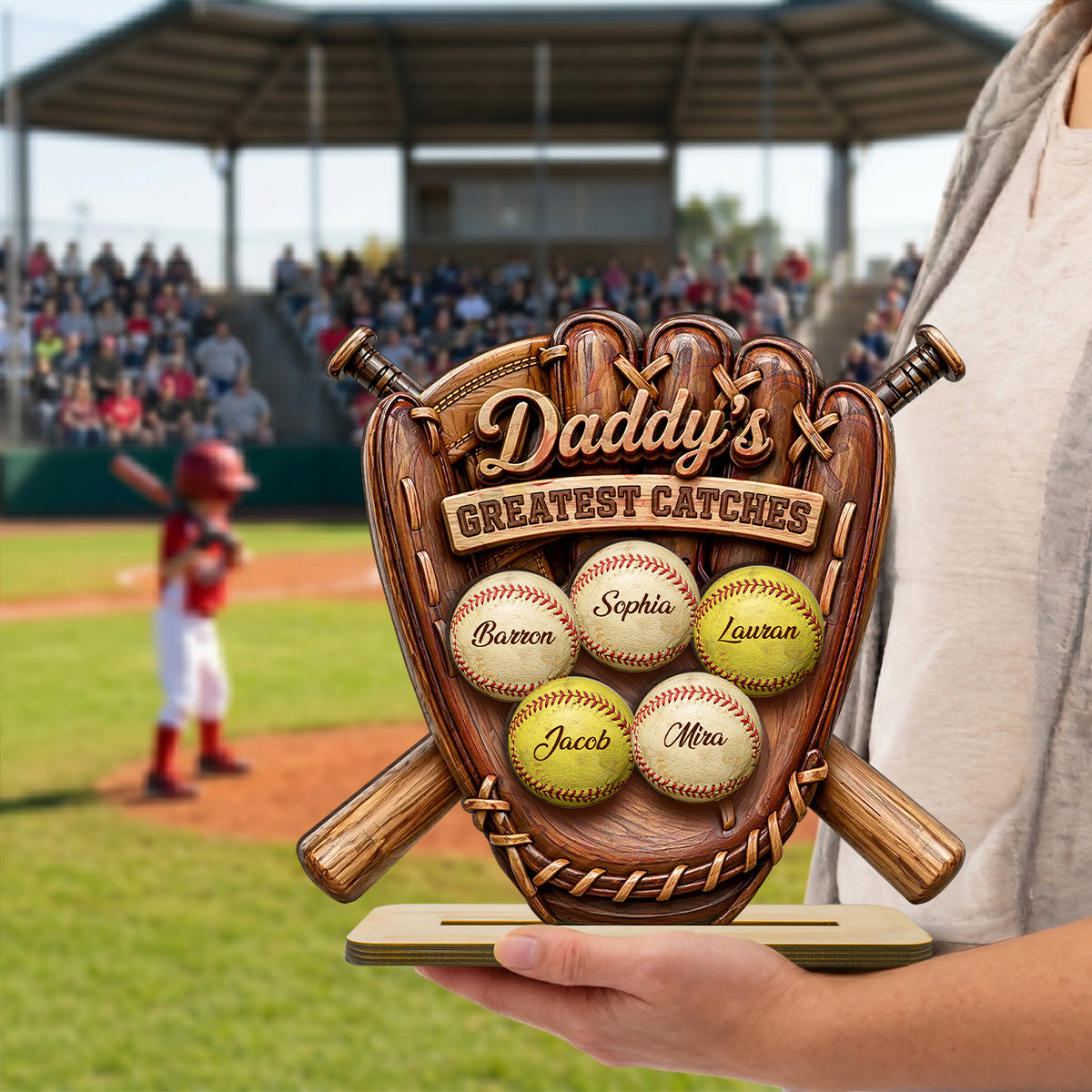 Daddy's Greatest Catches Baseball Softball - Personalized 2-Layered Wooden Plaque -  Gift for Husband, Dad