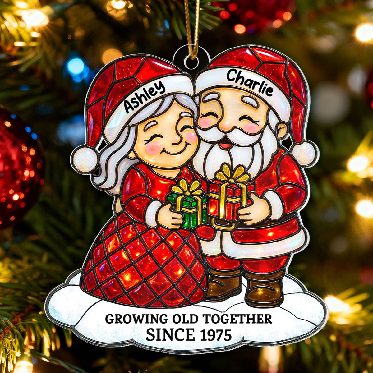 Couple Growing Old Together Stained Glass Pattern - Personalized Acrylic Ornament - Heartwarming Christmas Gift For Him, For Her, For Couple