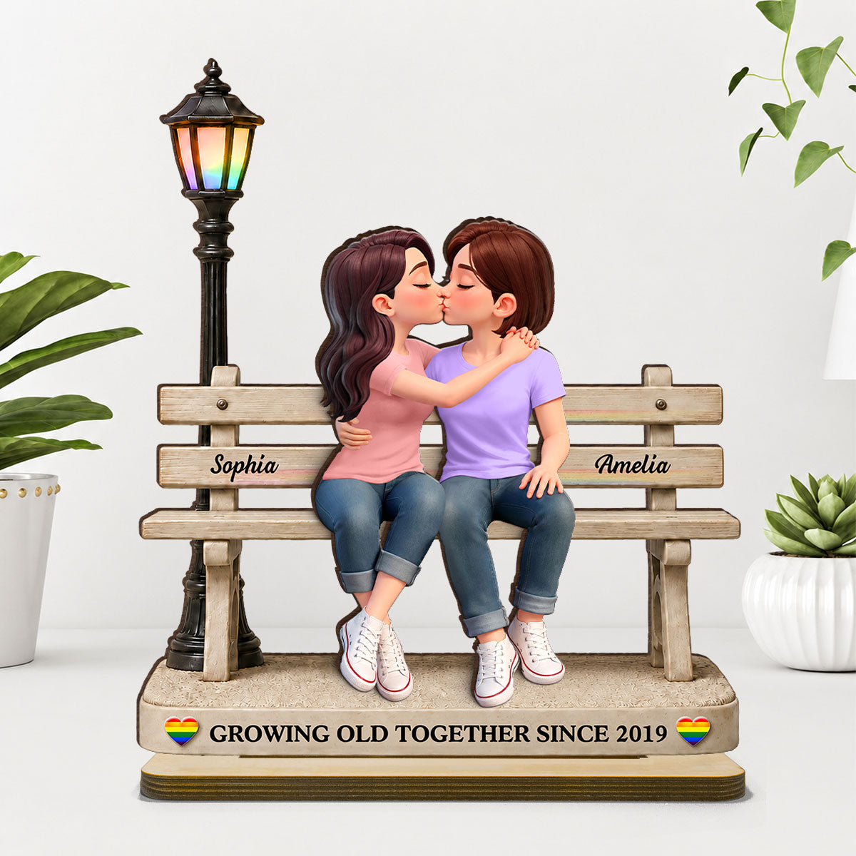 LGBT+ Couple Sitting On Bench - Personalized 2-Layered Wooden Plaque - Gift For Couple, Happy Pride Month