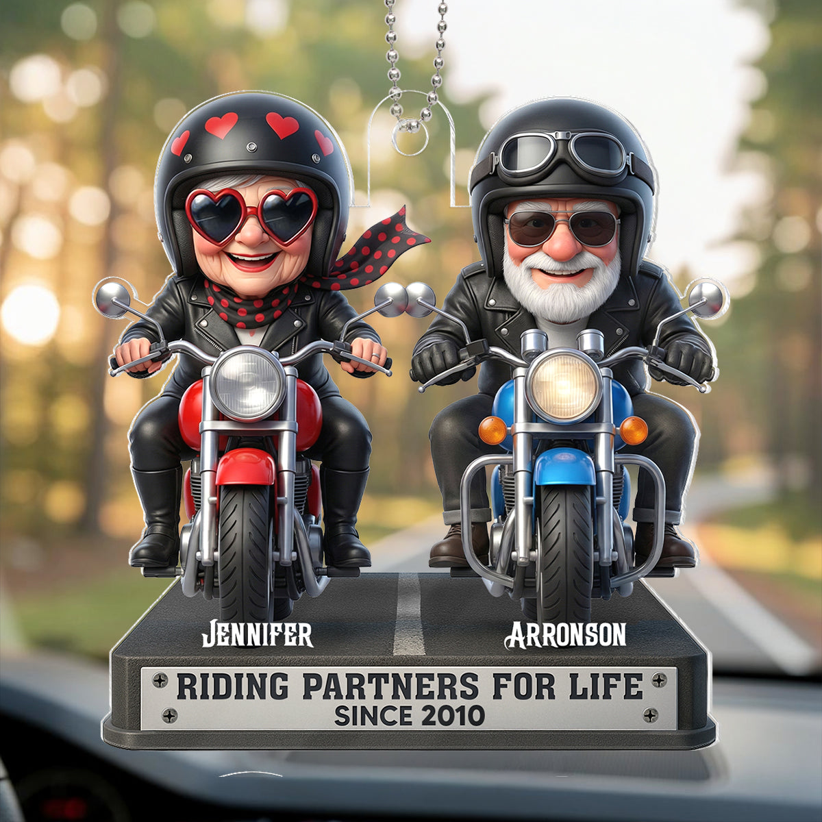 Old Biker Couple Riding Partners for Life - Personalized Acrylic Car Hanger - Sentimental Gift for her, for him