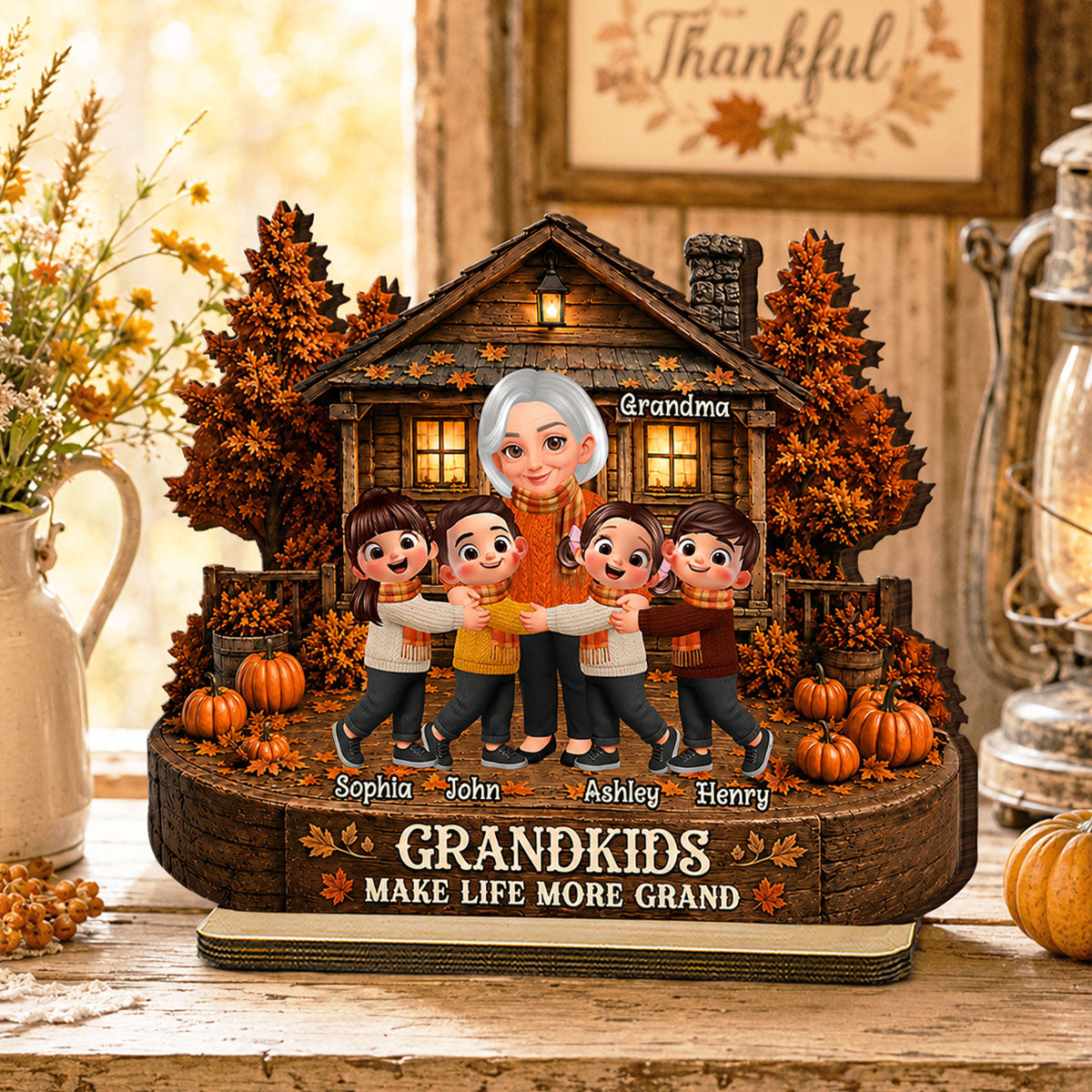 Grandma Grandkids Fall Season - Personalized 2-Layered Wooden Plaque - Gift For Wife, Grandmas