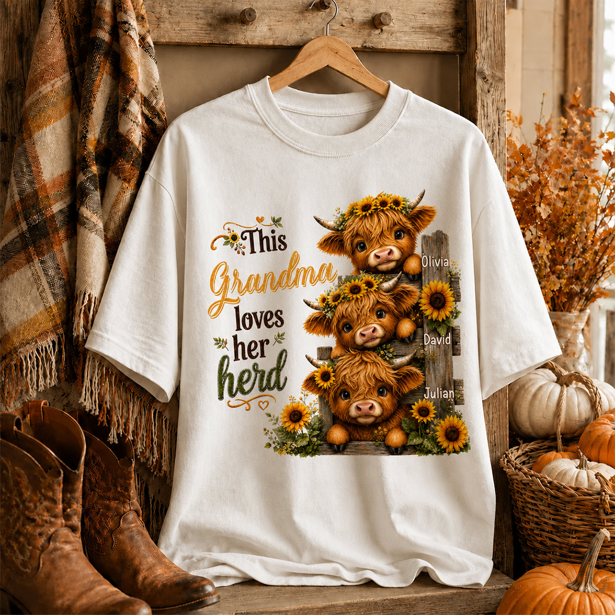 Highland Cow Grandma Loves Her Herb - Personalized Shirt - Fall Season Gift, Gift For Grandma