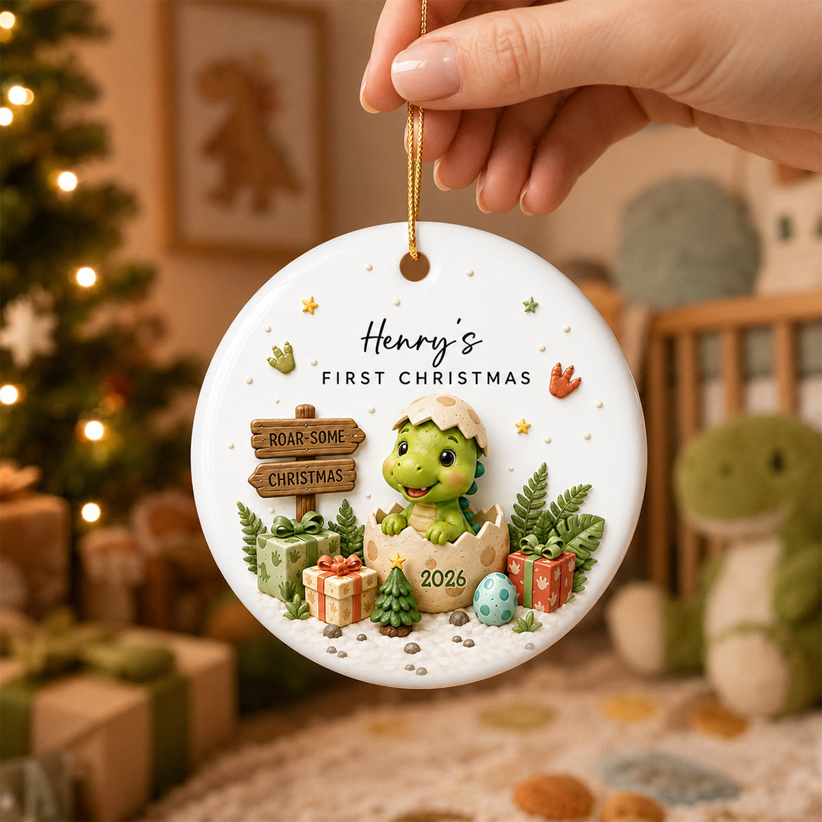 Baby Dinosaur First Christmas 2D Flat - Personalized Ceramic Ornament - Christmas Keepsake