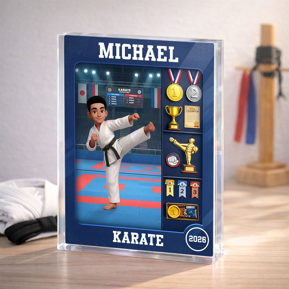 Karate Man Action Figure - Personalized Acrylic Block Plaque - Gift For Karateka