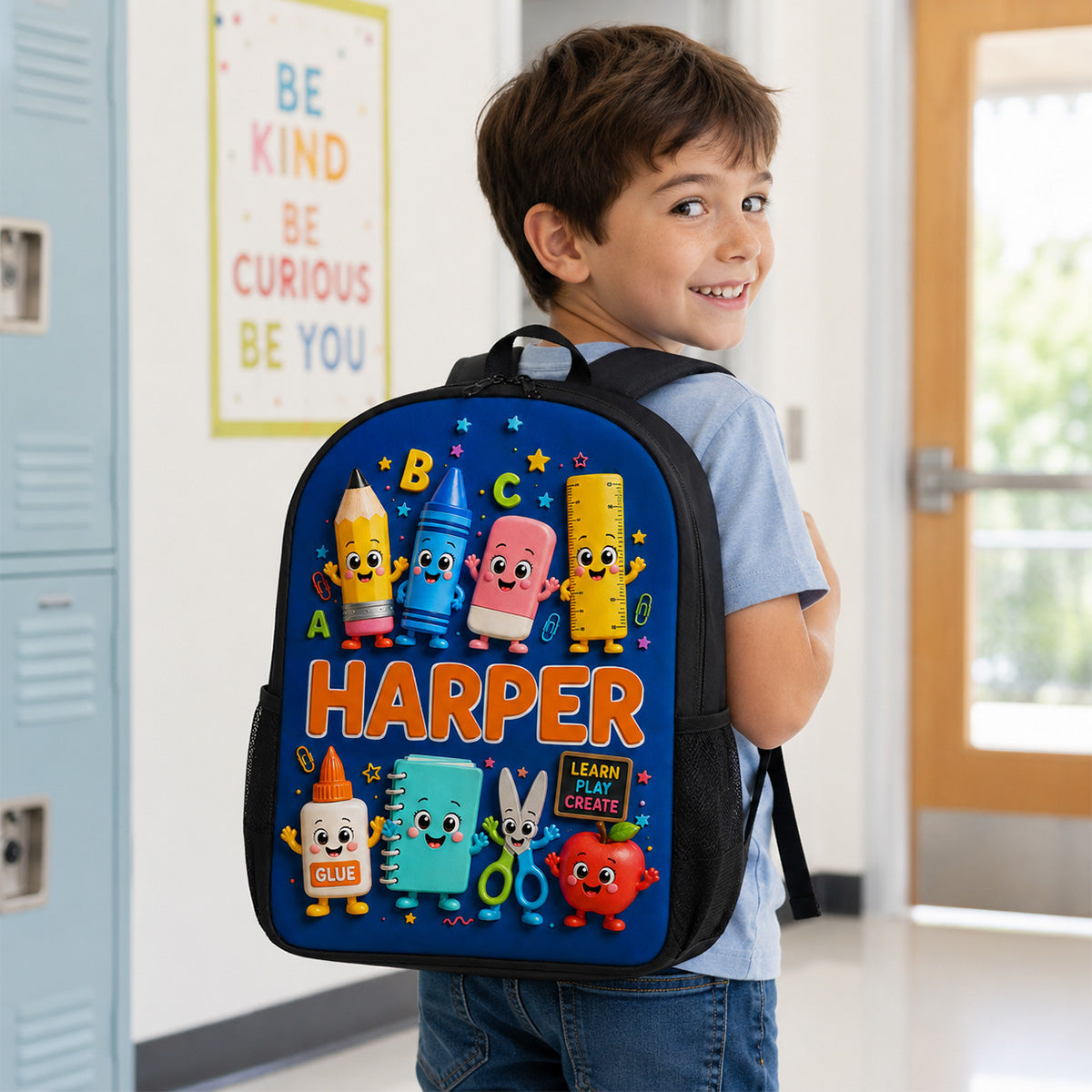 Playful School Things With Kid Name 2D Flat - Personalized Backpack - Back To School Gift