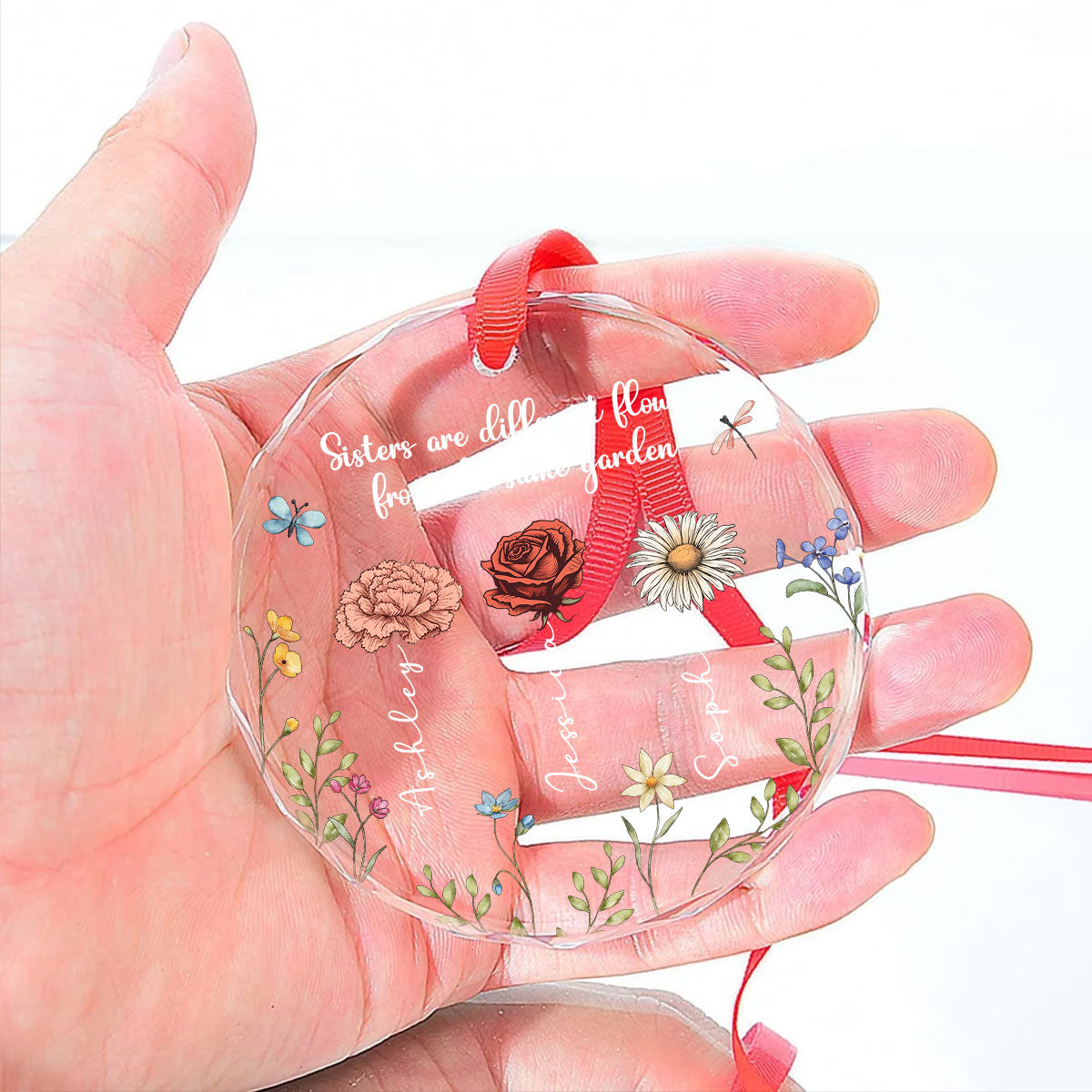 Sisters Are Different Flowers From The Same Garden Personalized Glass Ornament, Christmas Gift For Sisters, Siblings, Besties