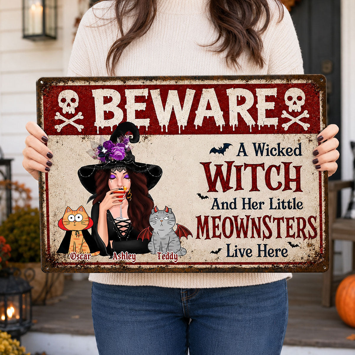 Beware A Wicked Witch And Her Little Meownsters - Personalized Metal Sign - Halloween Decor Gift, Gift For Cat Lovers