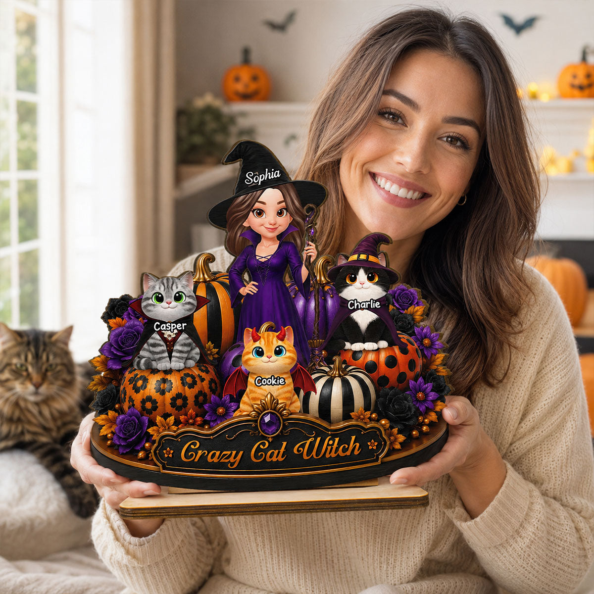 Crazy Cat Witch 2D Flat - Personalized Wooden Plaque - Halloween Decoration.