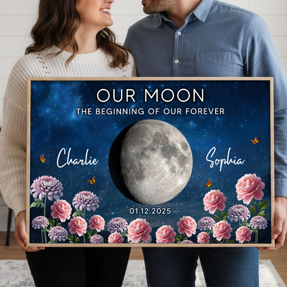 Couple Custom Moon Phase Anniversary Date Birth Month Flowers - Personalized Poster - Valentine's Day Gift For Couple