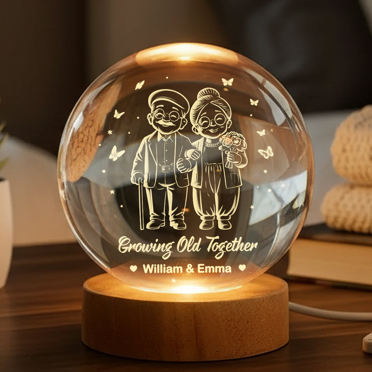 Couple Growing Old Together - Personalized Crystal Ball LED Night Light - Heartfelt Valentine's Day Gift for Her, for Him