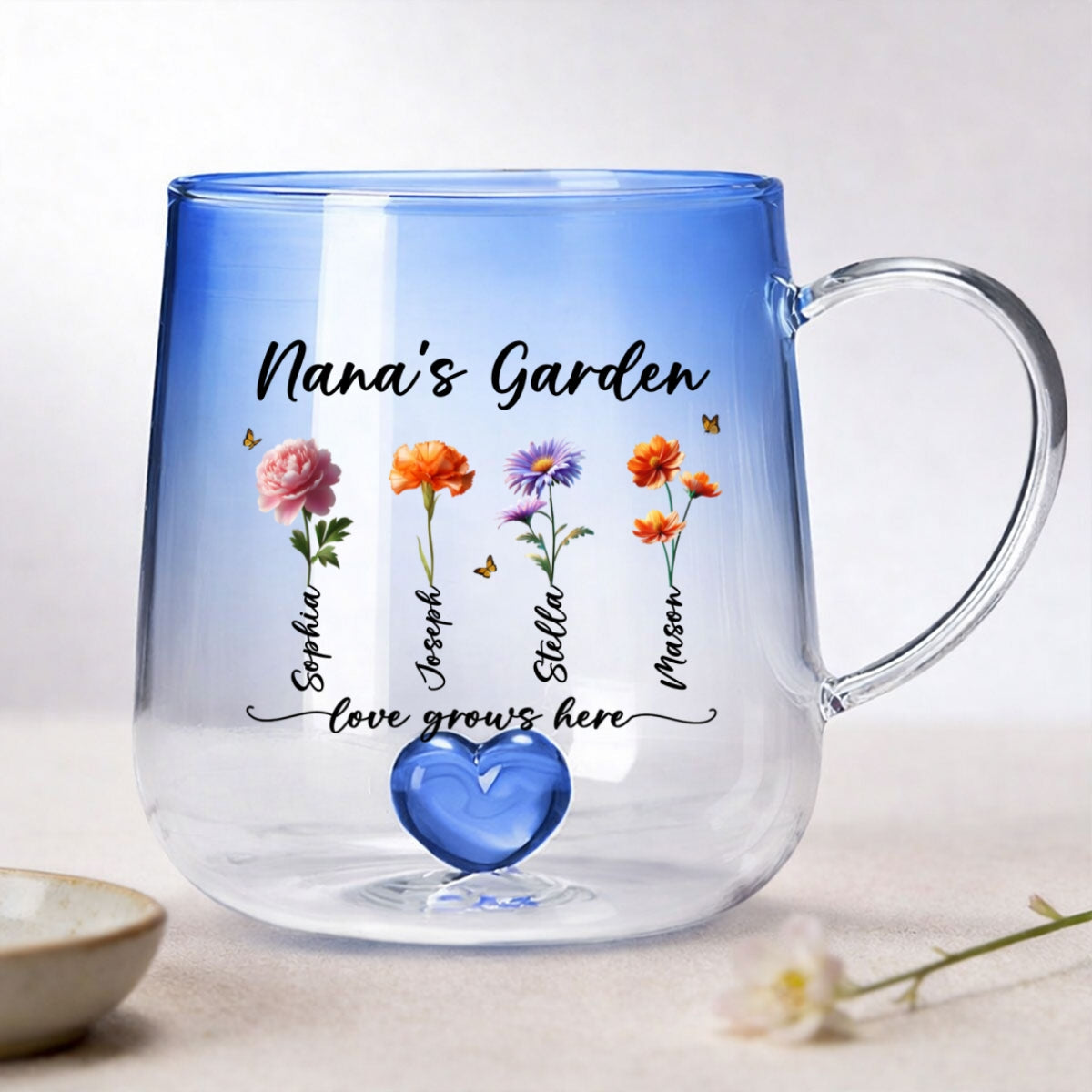 Grandma's Garden Love Grows Here - Personalized Glass Mug - Custom Birth Flowers, Mother's Day Gift for Mom, Grandma, Wife