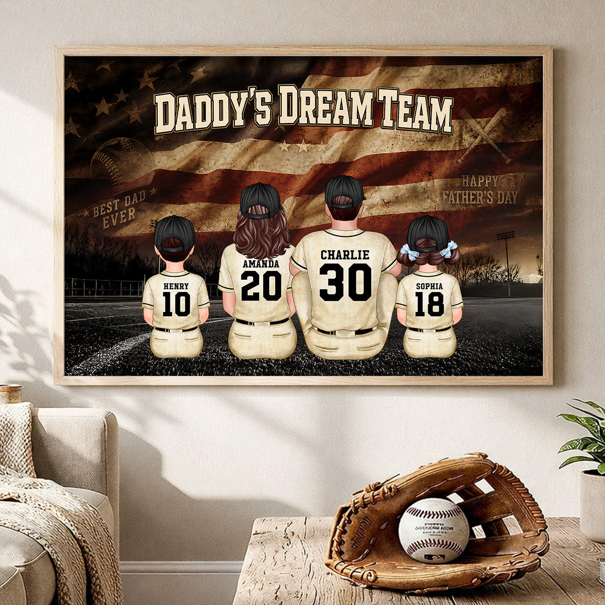 Daddy's Dream Team Baseball Nation Flag Family Sitting - Personalized Poster - Father's Day Gift for Dad, Husband
