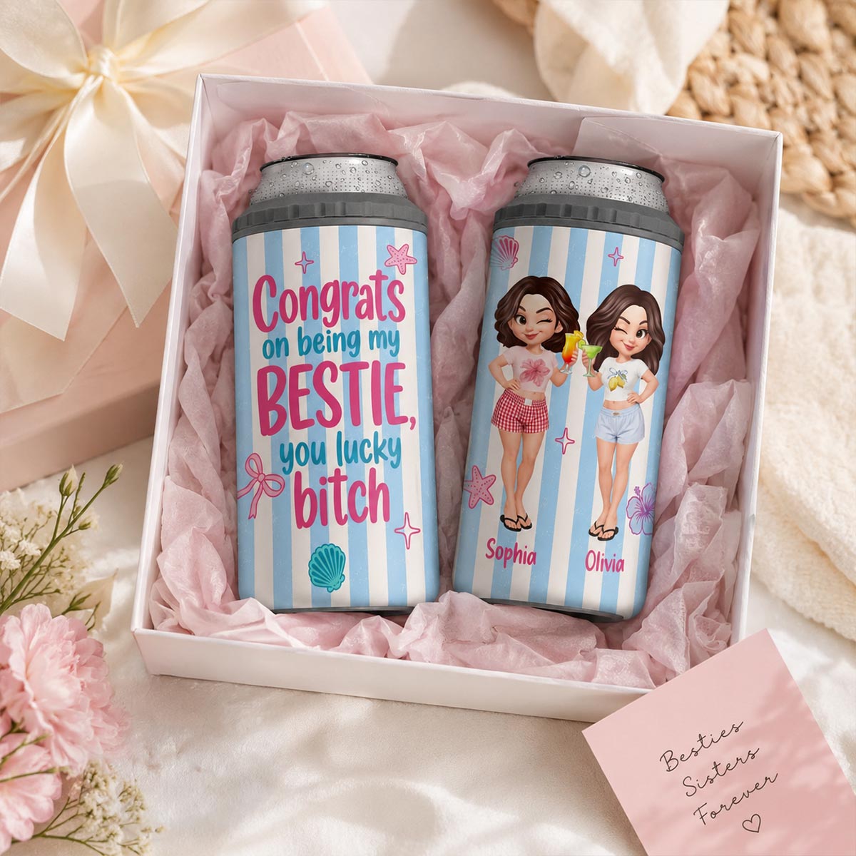 Congrats On Being My Bestie Stripe Style - Personalized Can Cooler - Summer